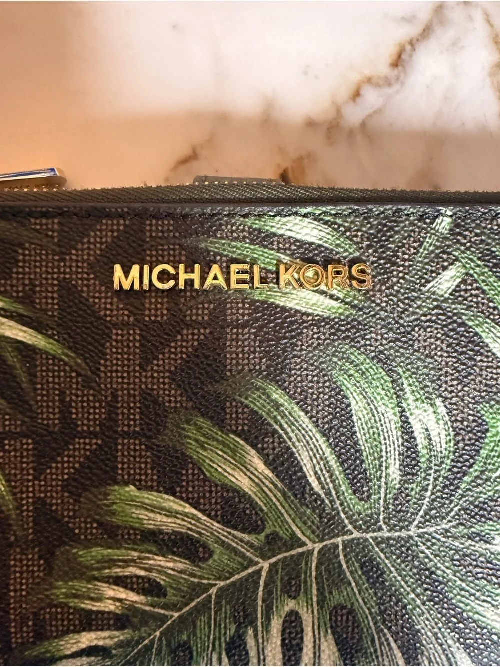 Michael Kors Black Wristlet with Green Palm Print